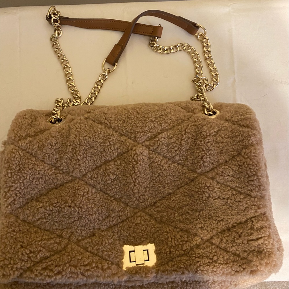 INC tan fleece with gold purse